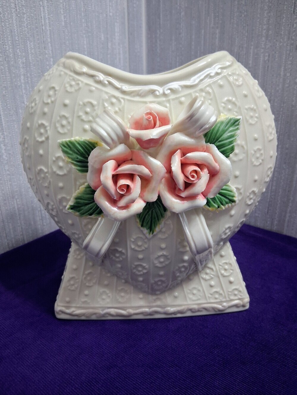 Ribbons & Roses Vase Heart Shaped Ceramic Planter Romantic Victorian Vibes